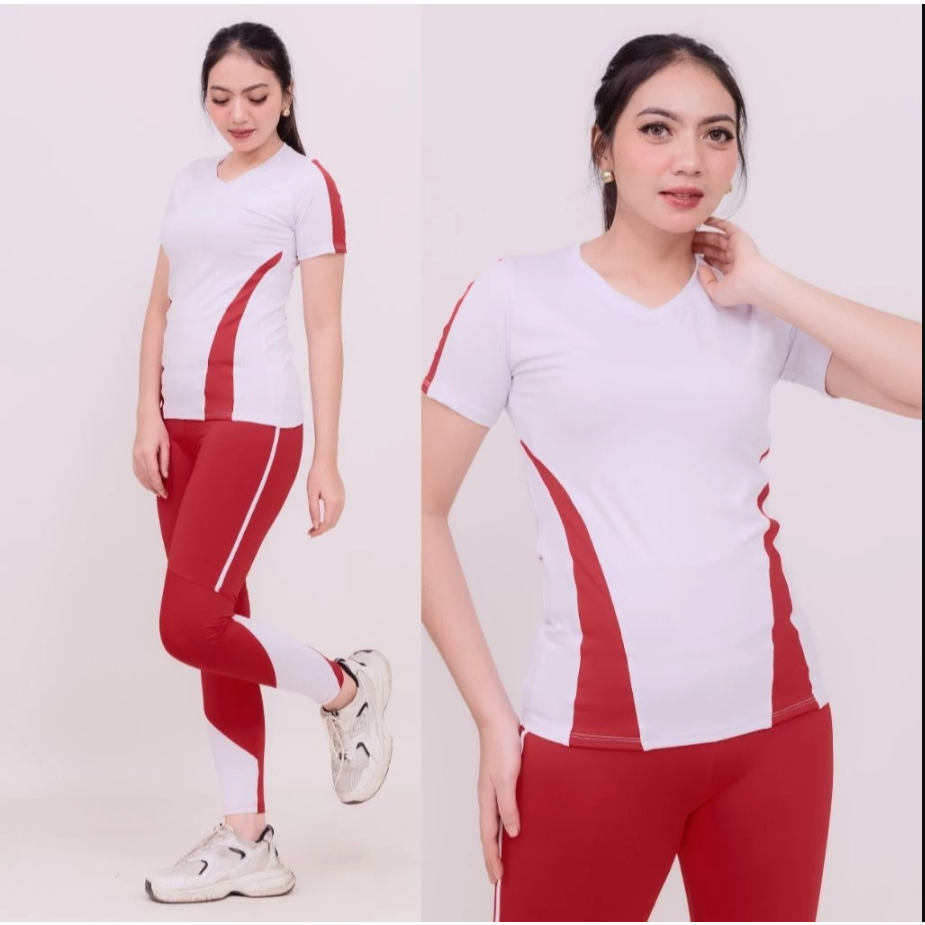 Baju setelan olahraga senam wanita senam zumba aerobic model merah putih