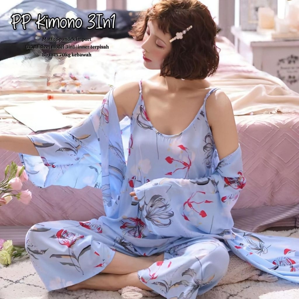 Baju Tidur Kimono,  PP Kimono 3in1 / Baju Tidur Import Prenium Lengan Panjang