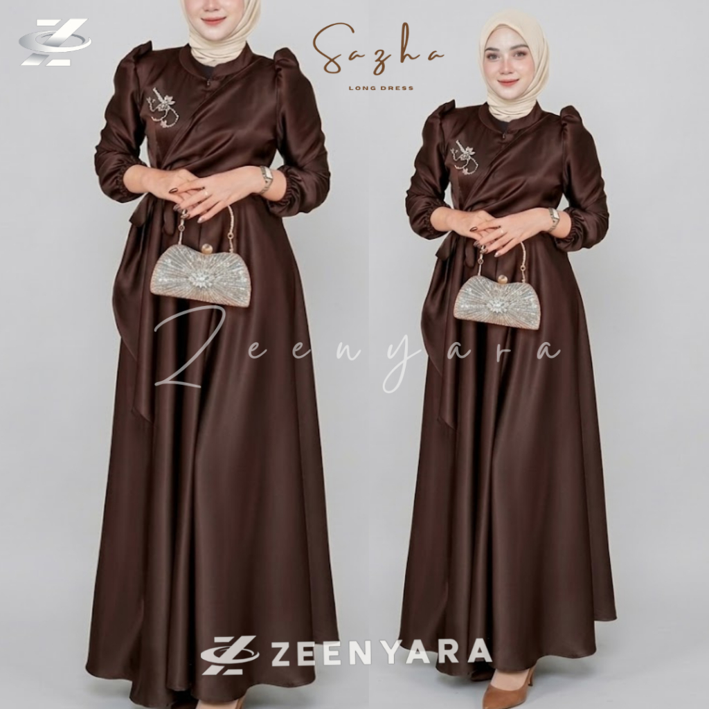 Sazha Dress Kondangan Wanita Baju Gamis Lebaran Pakaian Muslim Gaun Pesta Bridesmaid Busui Friendly 