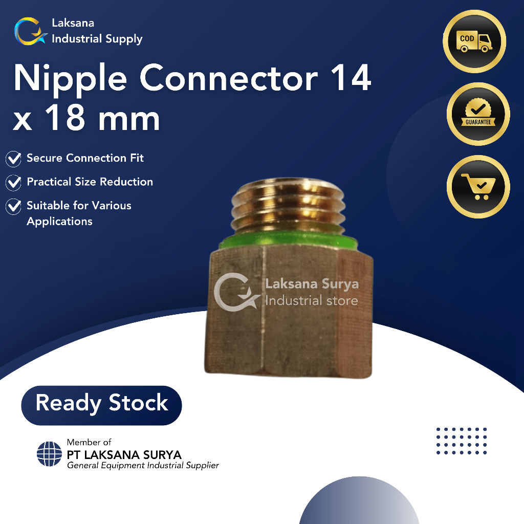 Konektor Nepel drat dalam 18mm, drat luar 14mm bahan kuningan