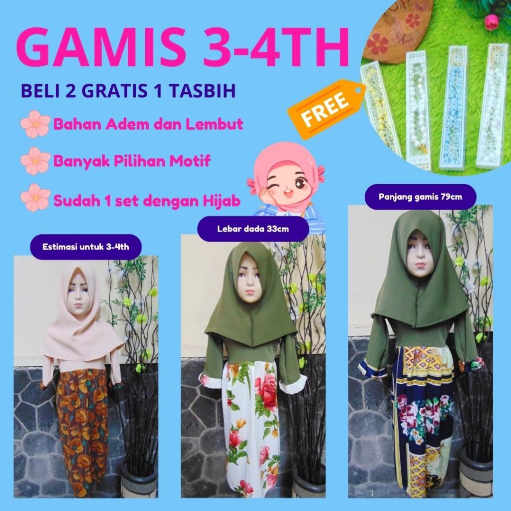 BELI 2 GRATIS 1 TASBIH] PLUS HIJAB baju muslim set gamis anak balita perempuan cewek 3-4th ANEKA mot