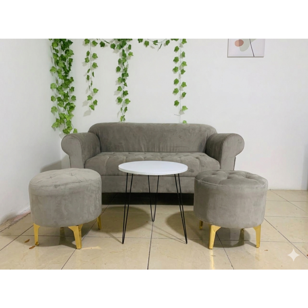 (85) sofa minimalis set retro + 2 pcs stool dan free meja sofa custom