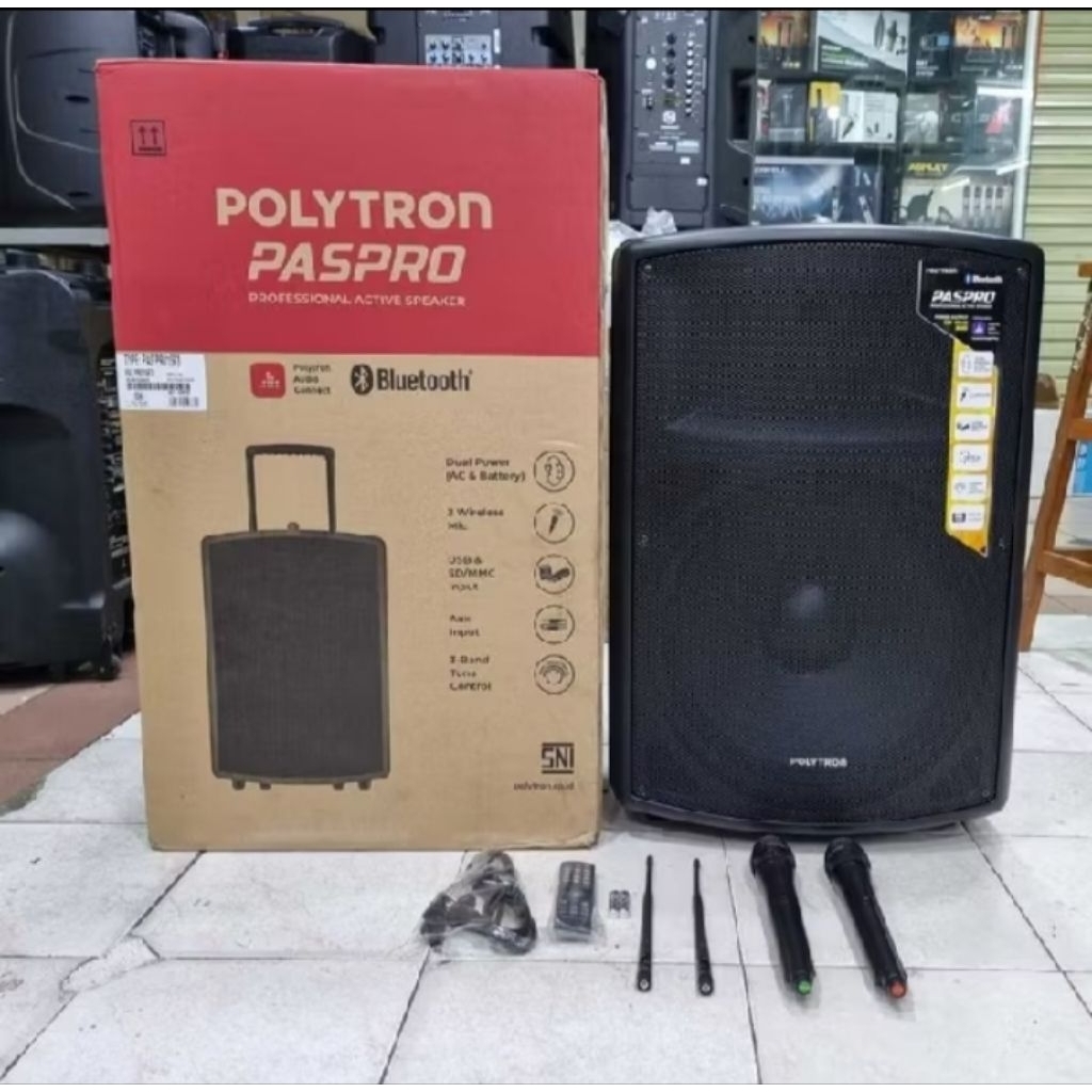 SPEAKER PORTABEL AKTIF POLYTRON PASPRO 15F3 ( 15 INC ) BLUETOOTH BERGARANSI RESMI