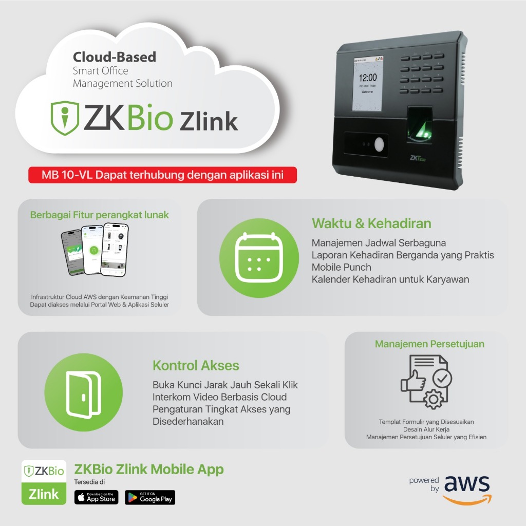 ZKTeco Mesin Absensi Sidik Jari MB10-VL Bahasa Indonesia Mesin Absensi Fingerprint Pemasok