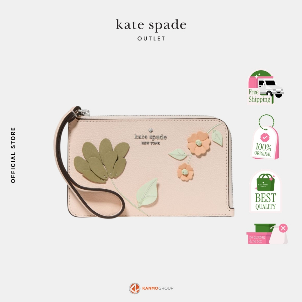 Kate Spade Lucy Floral Applique Small L-Zip Card Holder Wristlet - Dompet Wristlet Wanita