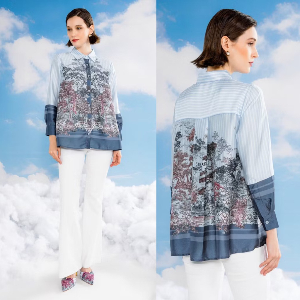 Benang Jarum Romantic Garden shirt with Mandarin Collar-Beige NEW WITH TAG SIZE M