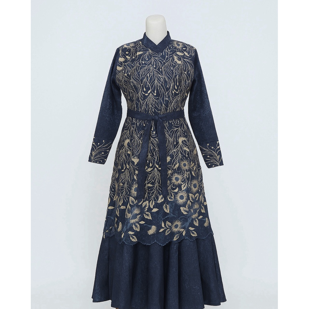 Dress Pesta NavyGold Lengan Panjang Maxi Dress Kondangan Premium Allsize