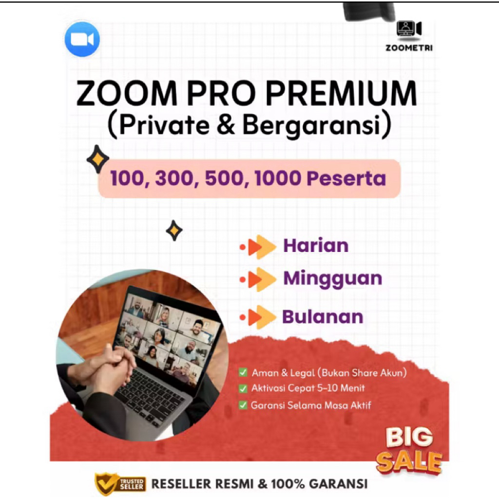 Zoom Premium Pro 3 Hari Mingguan Bulanan 100 300 500 1000 Peserta