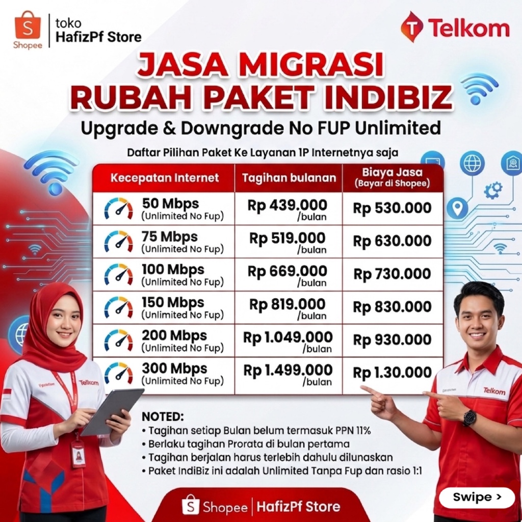 Migrasi Rubah Paket Indibiz Upgrade / Downgrade Layanan IndiBiz 50 - 300 Mbps Unlimited No FUP 1P In