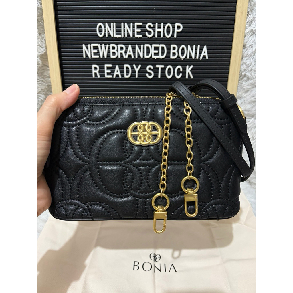 READY STOCK tas bonia original sling bag 2 zipper emboss logo la luna - hitam