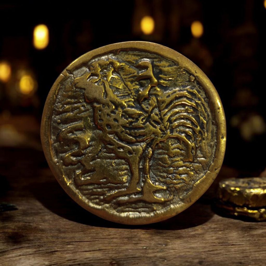 Koin Gobog motif ayam jagoo kuningan