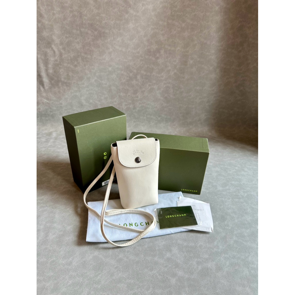 like new lc lngchamp phone holder le pliage cuir white crossbody authentic original
