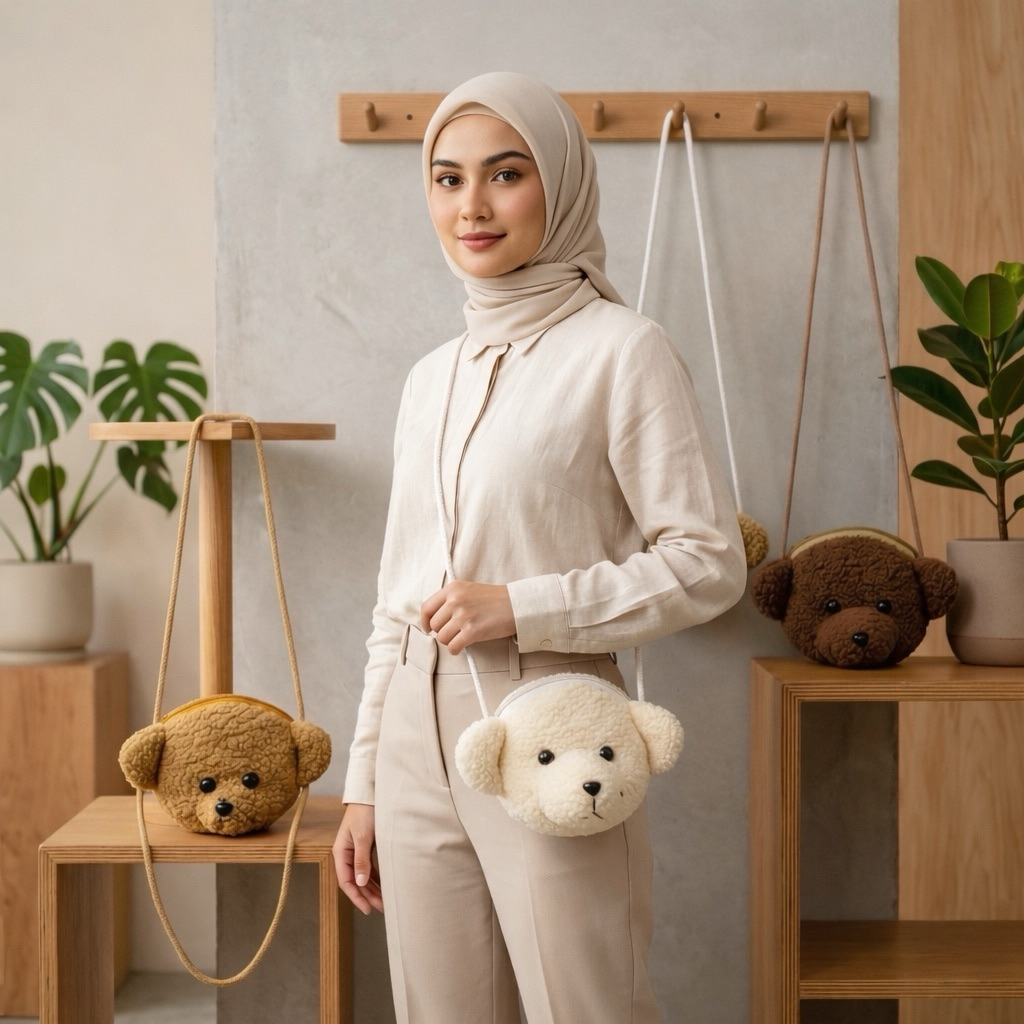RIFS-Tas Selempang Mini Anak Boneka Beruang Teddy Bear Tas Bahu Karakter Bulu Halus Sling Bag Mini L