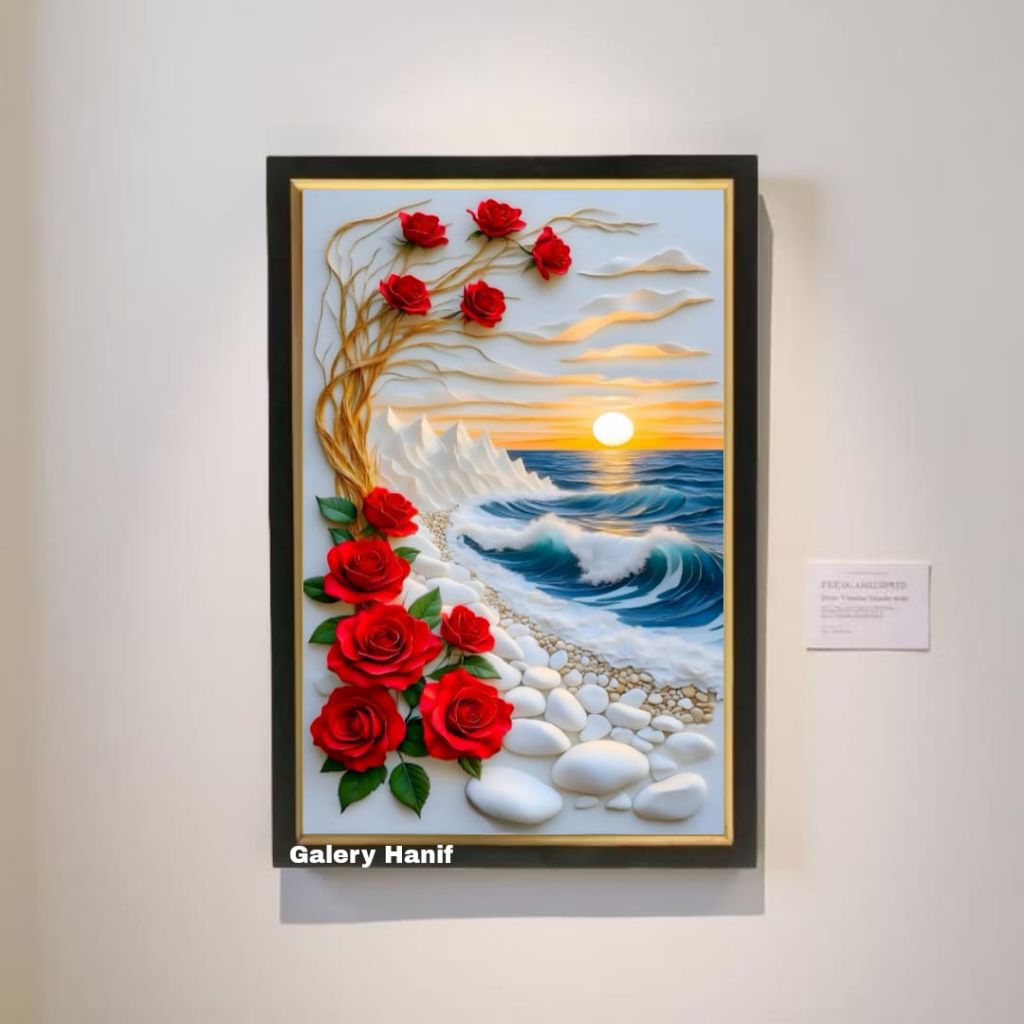 hiasan dinding lukisan cetak gambar bunga mawar dan pantai plus bingkai ukuran 65×45cm