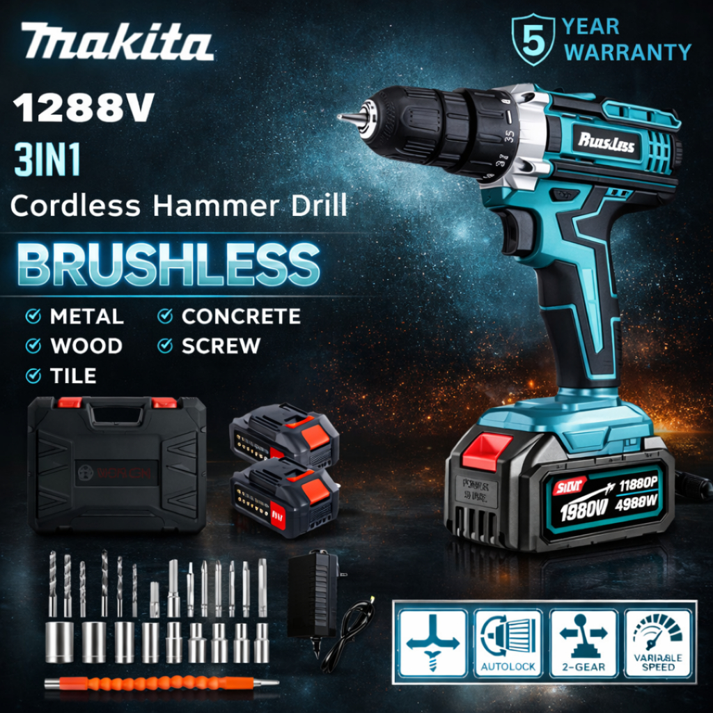 MAKITA Bor Listrik 1288V Untuk Besi Tembok Beton Kayu Mesin Bor baterai- MESIN BOR TANGAN RECHARGEAB