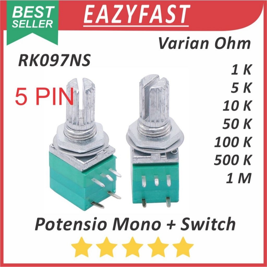 Potensiometer Saklar Audio Sealed Hijau 5P 5 P Pin Kaki 1K 5K 10K 50K 100K 500K 1M 1 5 10 50 100 500