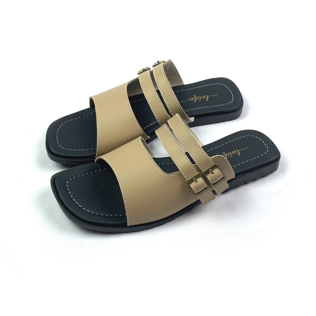 Sandal Flat Wanita Double Strap Buckle Minimalis Nyaman - Loufa Bellen
