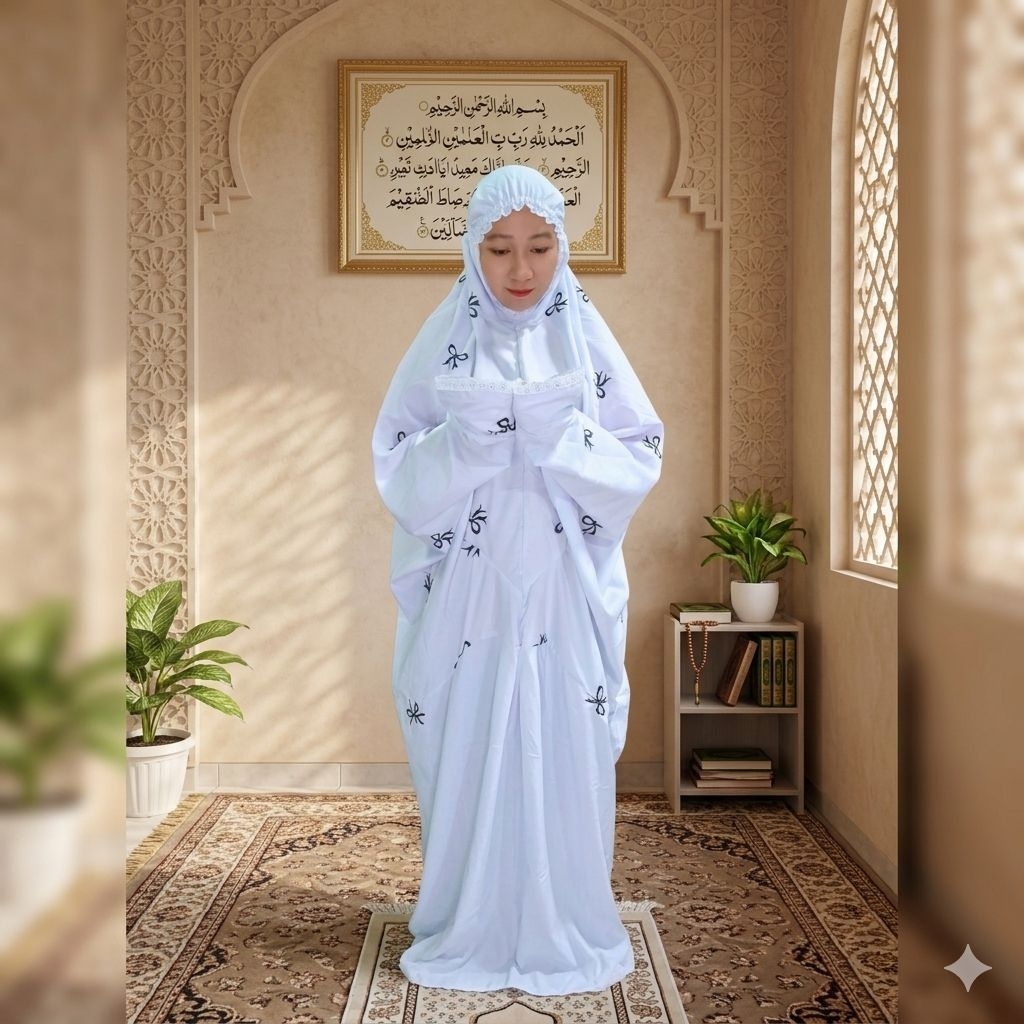 Mukena Terusan Full Bordir Tenun Etnik, Pita Korea, Kuncup Kening Karet Katun Mikro Premium