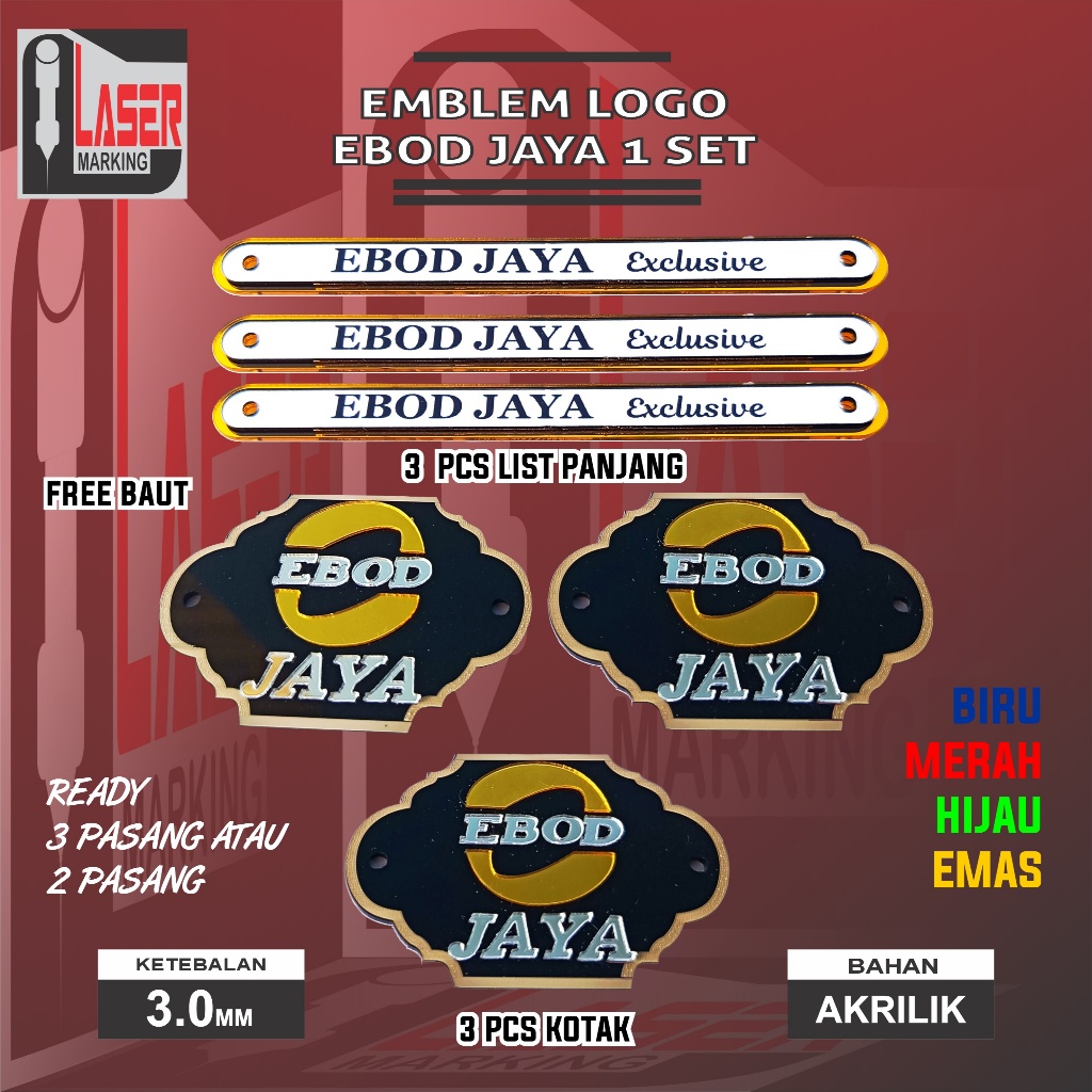 EMBLEM EBOD JAYA AKRILIK 1 SET , TERSEDIA 4 WARNA. EMBLEM SANGKAR BURUNG