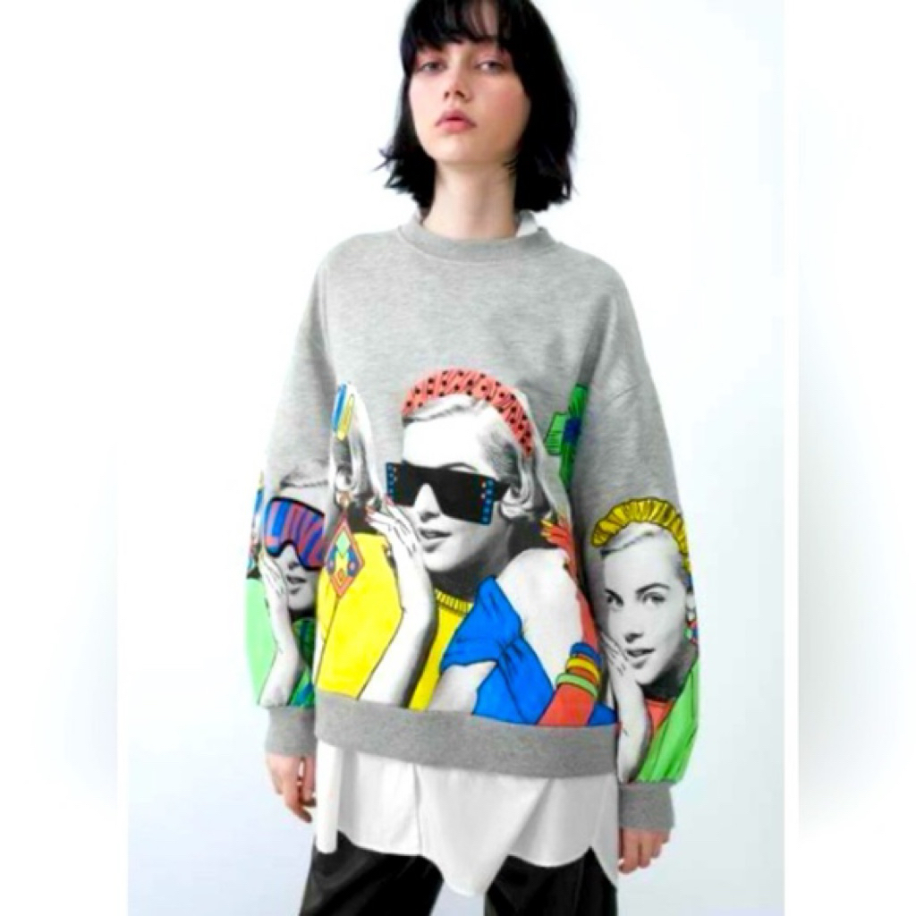 PRELOVED Zara Graphic Print Long Sleeve Sweater Crewneck Blouse Fashion Wanita