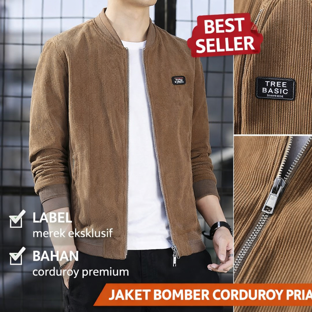 Jaket Pria Corduroy Casual Slim Fit – Bomber Jacket Kekinian, Bahan Lembut & Nyaman (Coklat)