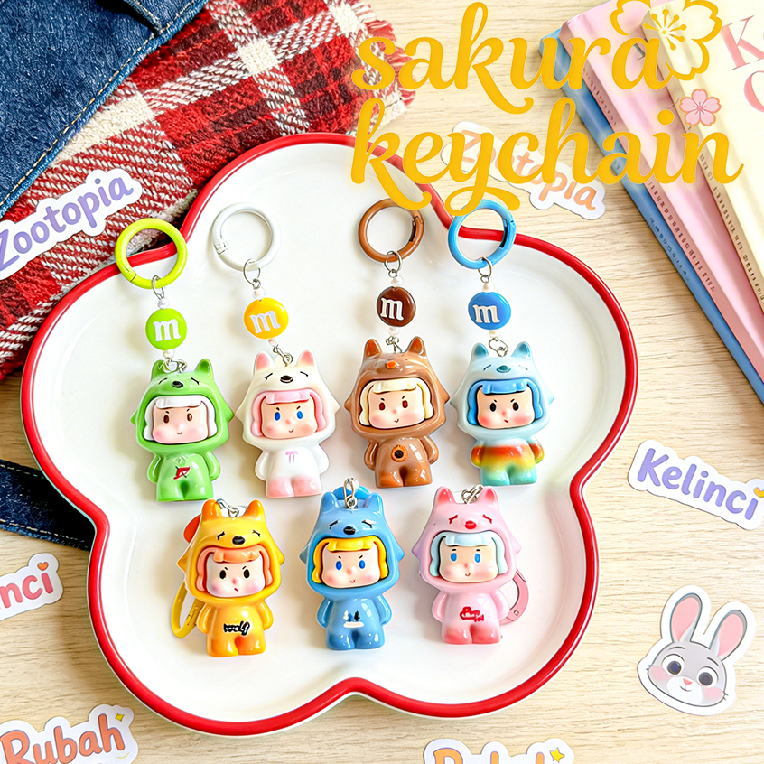 Gantungan Kartun Serigala Kecil 3D Warna Padat Gantungan Kunci Tas Aksesoris Teman Wanita Hadiah Kec