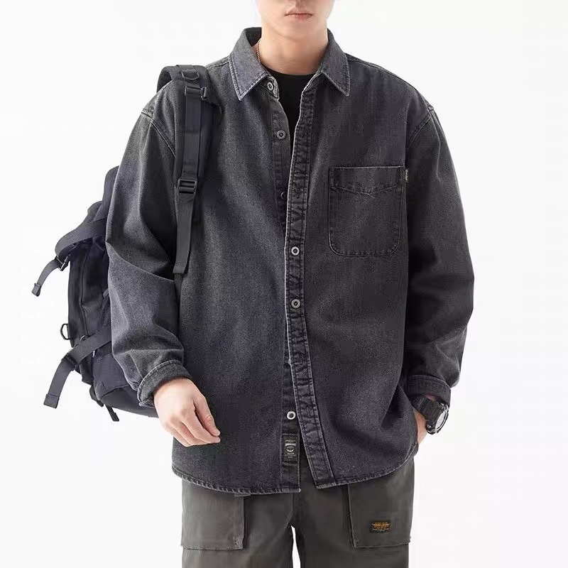 Jaket kemeja denim Jaket lengan panjang pria Kain denim berkualitas tinggi Biru/Hitam