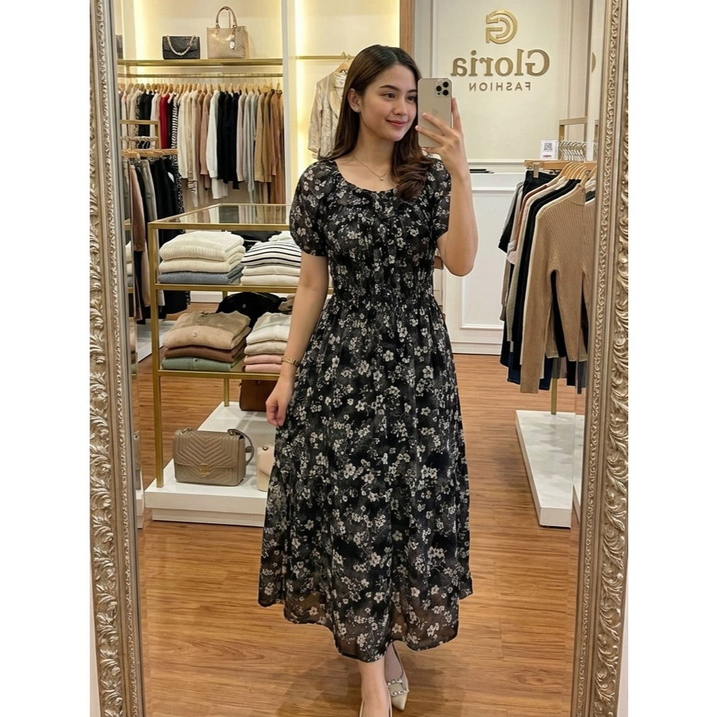 Gloria Daster Sabrina Viral - Dress Korea Motif Bunga Kerut Pinggang Premium - Hitam