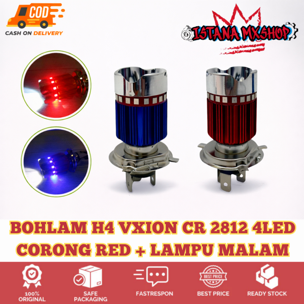BOHLAM H4 VXION CR 2812 4LED CORONG RED + LAMPU MALAM