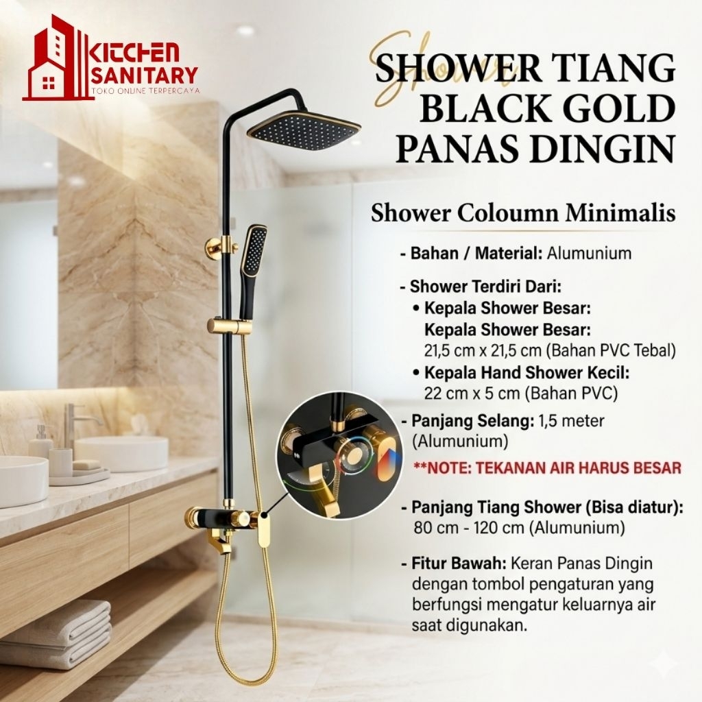 Shower Tiang Column Panas Dingin BLACK GOLD /Shower Set HITAM GOLD