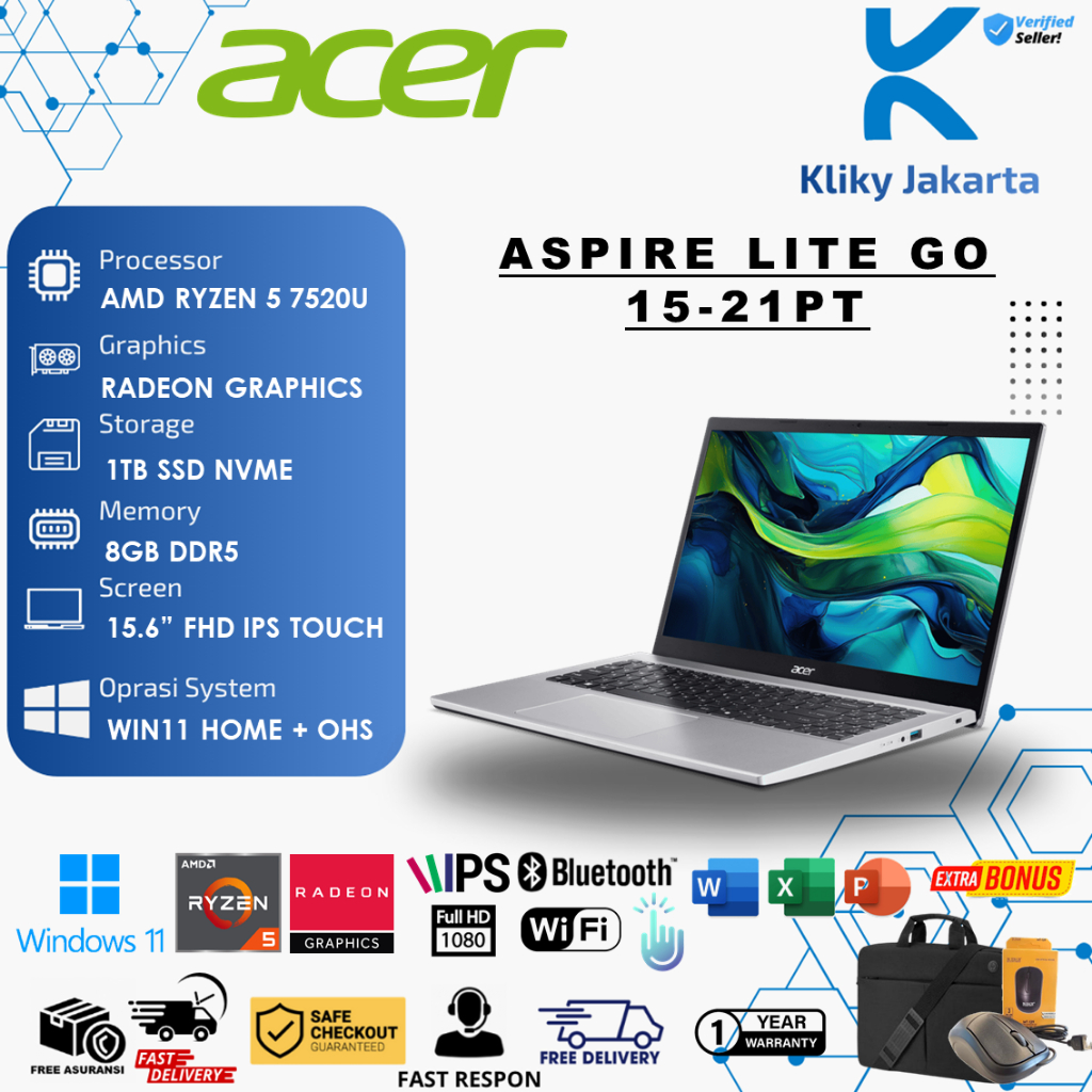 Laptop Acer Aspire Go 15-21PT AMD Ryzen 5 7520U 8GB DDR5 1TB 15.6 FHD IPS Touch Win11 Home