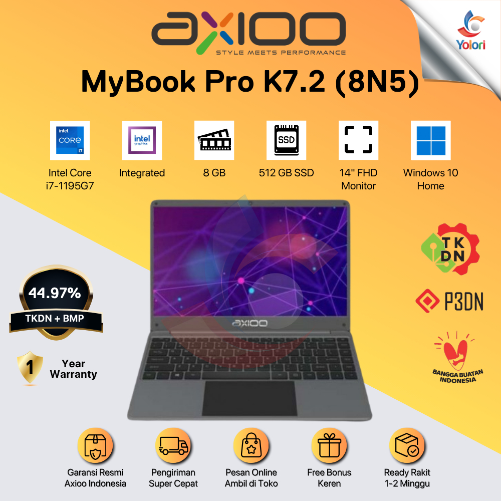 Axioo MyBook Pro K7.2 (8N5) Laptop Core i7-1195G7 8GB RAM 512GB SSD 14 Inch Windows 10 Home TKDN - G