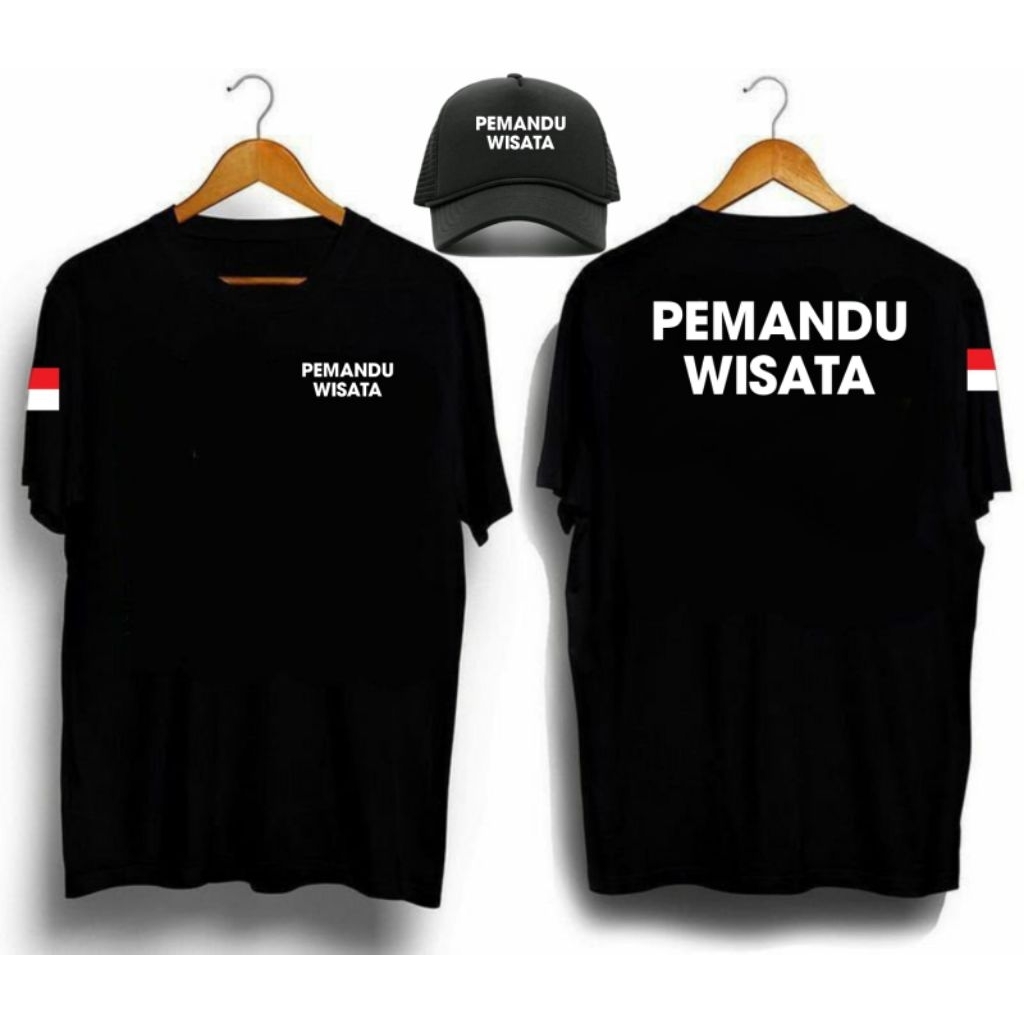 KAOS PENDEK PEMANDU WISATA FREE TOPI//CORAK PUTIH/MOTIF DEPAN BELAKANG