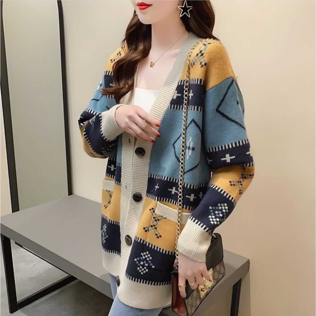 Cardi Rajut Corak Batik 8088/Kardigan Import /Cardi Rajut Korea /Atasan Import Murah/Sweater Wanita