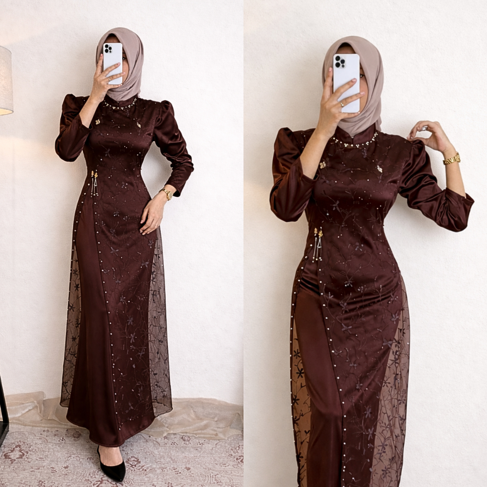 SPECIAL BURGUNDY MAHOGANY | DIANDRA MAXY DRESS JANGGAN LUXURY BROKAT PAYET MUTIARA GAMIS PESTA KONDA