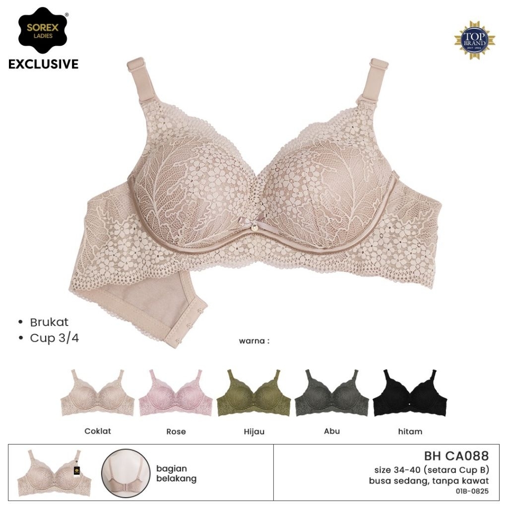 Bra BH Sorex Exclusive CA 088 Brukat renda premium cup 3/4 A-B tanpa kawat, busa tebal 34-40