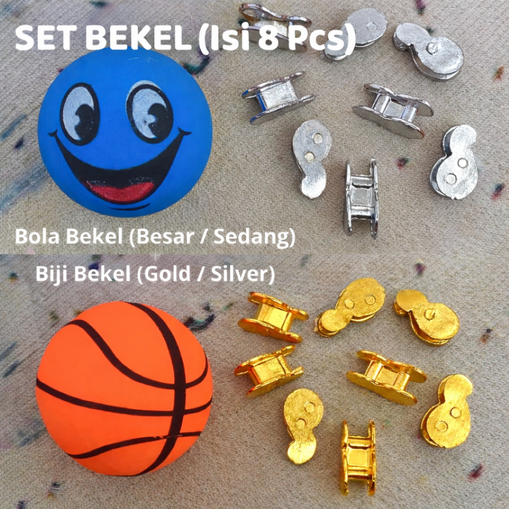 SET Bekel BOLA + BIJI BEKEL 8 PCS Dan 6 PCS Warna GOLD SILVER Bola Besar Sedang Motih Lucu Ukuran Be