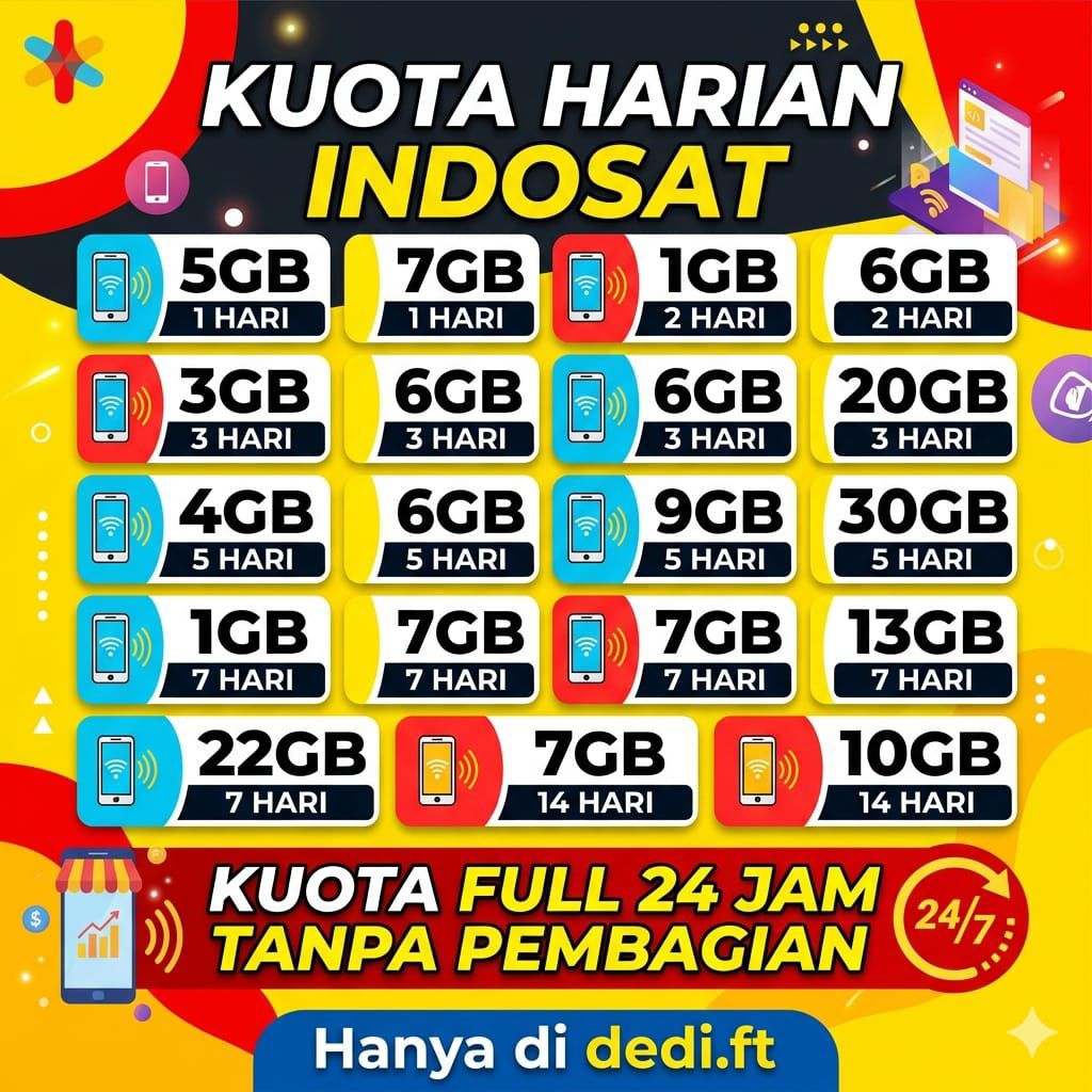 Kuota Indosat Harian 1GB, 2GB, 4GB, 5GB Full 24jm