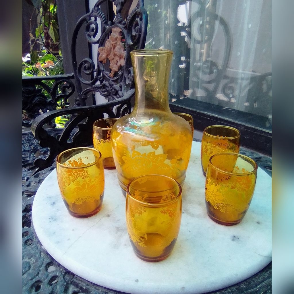 Teko Gelas Set Kristal Antik Vintage Amber