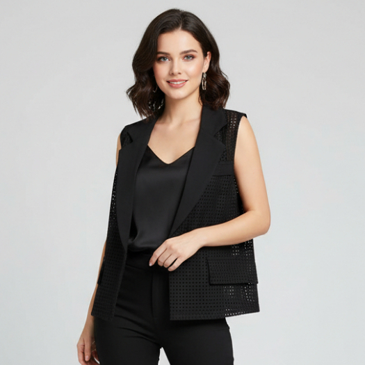 BAJS Crop Blazer Mesh Wanita Korean Style Tanpa Lengan – Outer Jala Hitam Putih Stylish Kekinian