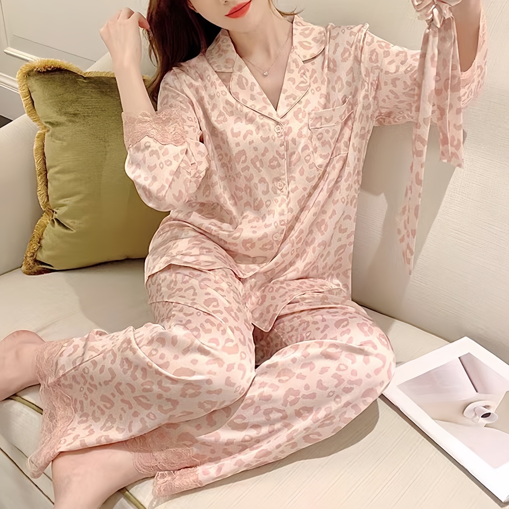 [COD]Piyama Wanita/cetakan macan tutul merah muda/daster renda/daster/Baju tidur satin premium