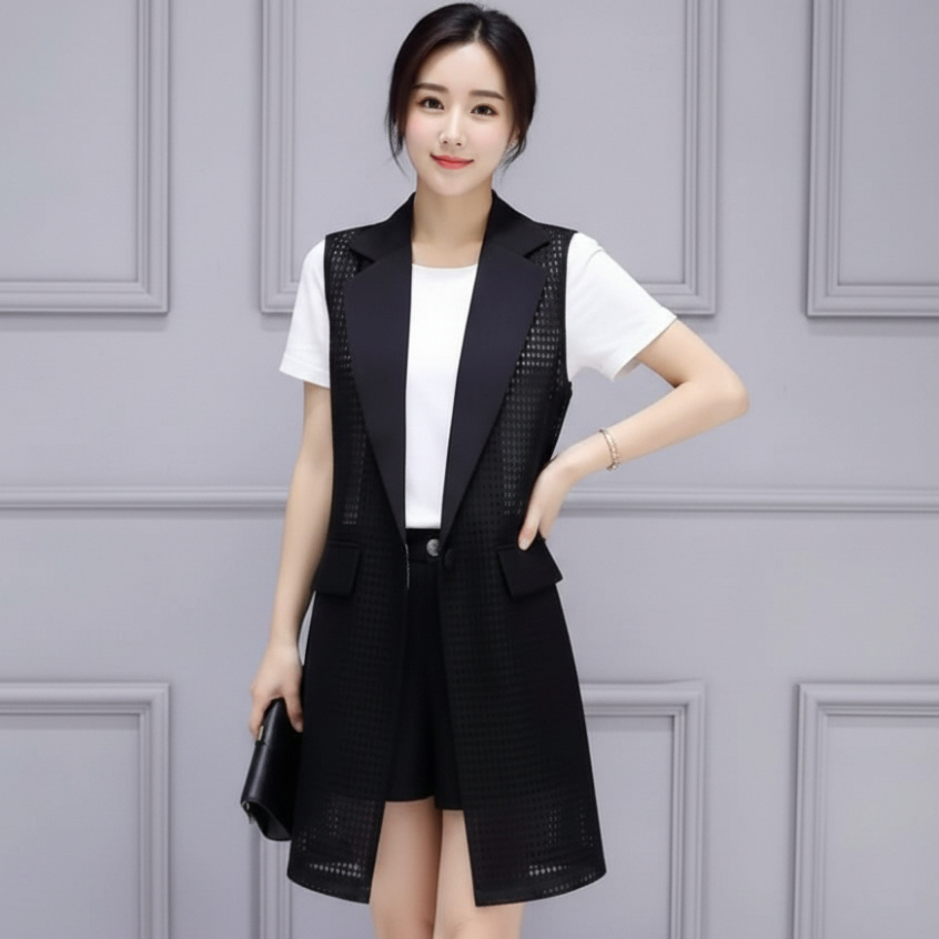 BAJS Long Blazer Jala Mesh Wanita Kekinian | Outer Tanpa Lengan Stylish Hitam Putih