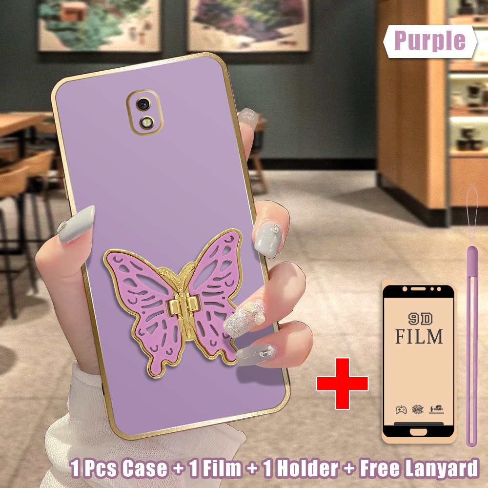 3 in 1 Casing Samsung J7 Pro J7 2017 Case Aesthetic Border Emas dengan Film Keramik Anti Gores dan S