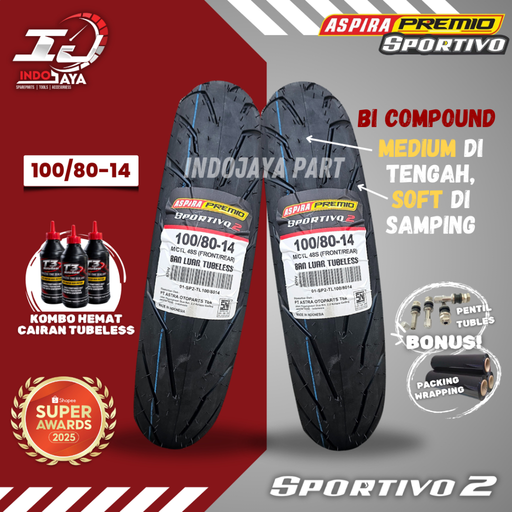[PRODUK TERBARU] BAN LUAR ASPIRA PREMIO SPORTIVO 2 (100/80-14) BAN LUAR TUBELESS PREMIO / DEPAN BELA