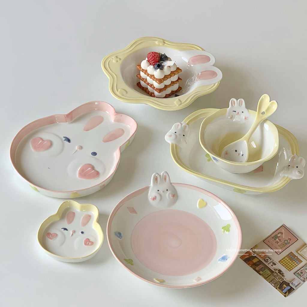 Luné - Ceramic Plate & Bowl Rabbit - Piring Mangkuk Keramik Motif Kelinci - Salad Bowl - Mangkuk Sup
