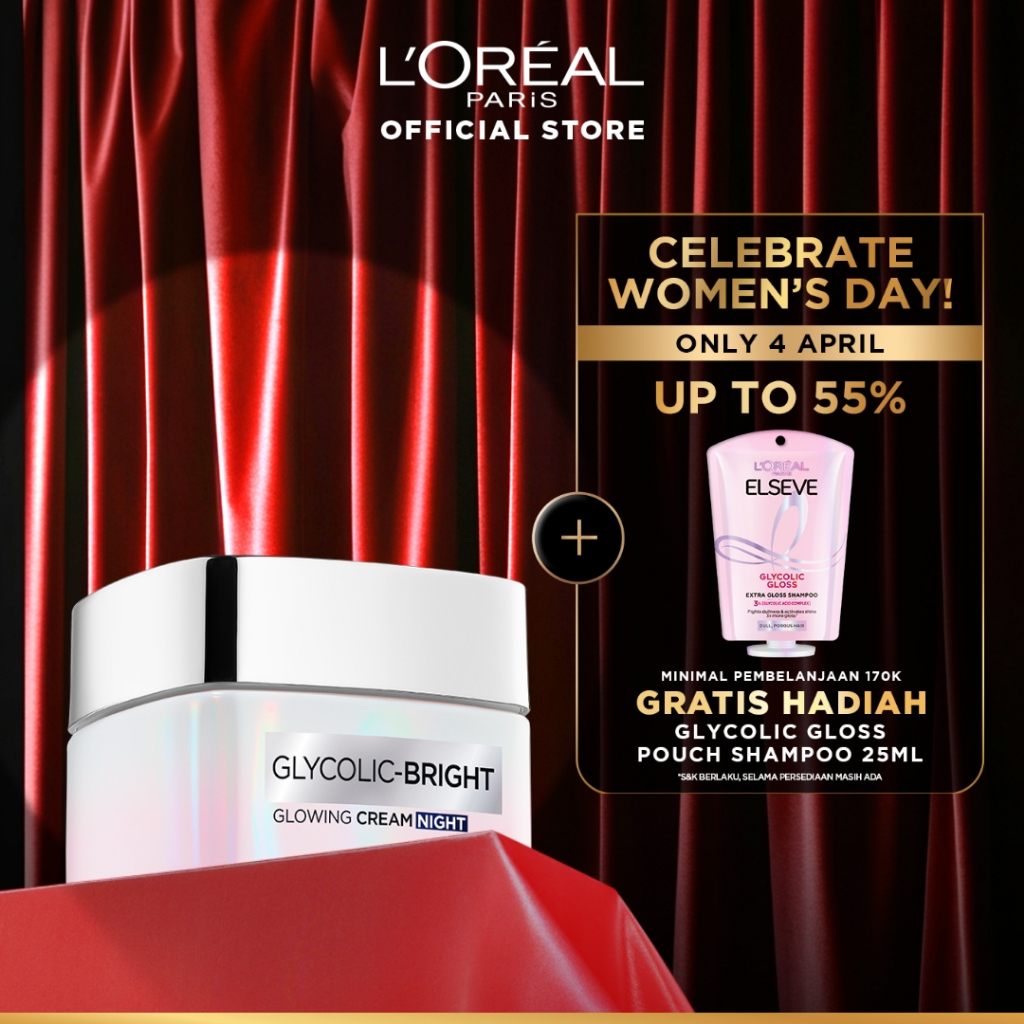 L'Oreal Paris Glycolic Bright Glowing Night Cream - 15/30ml (Skin Brightening Krim Malam  Pelembab L