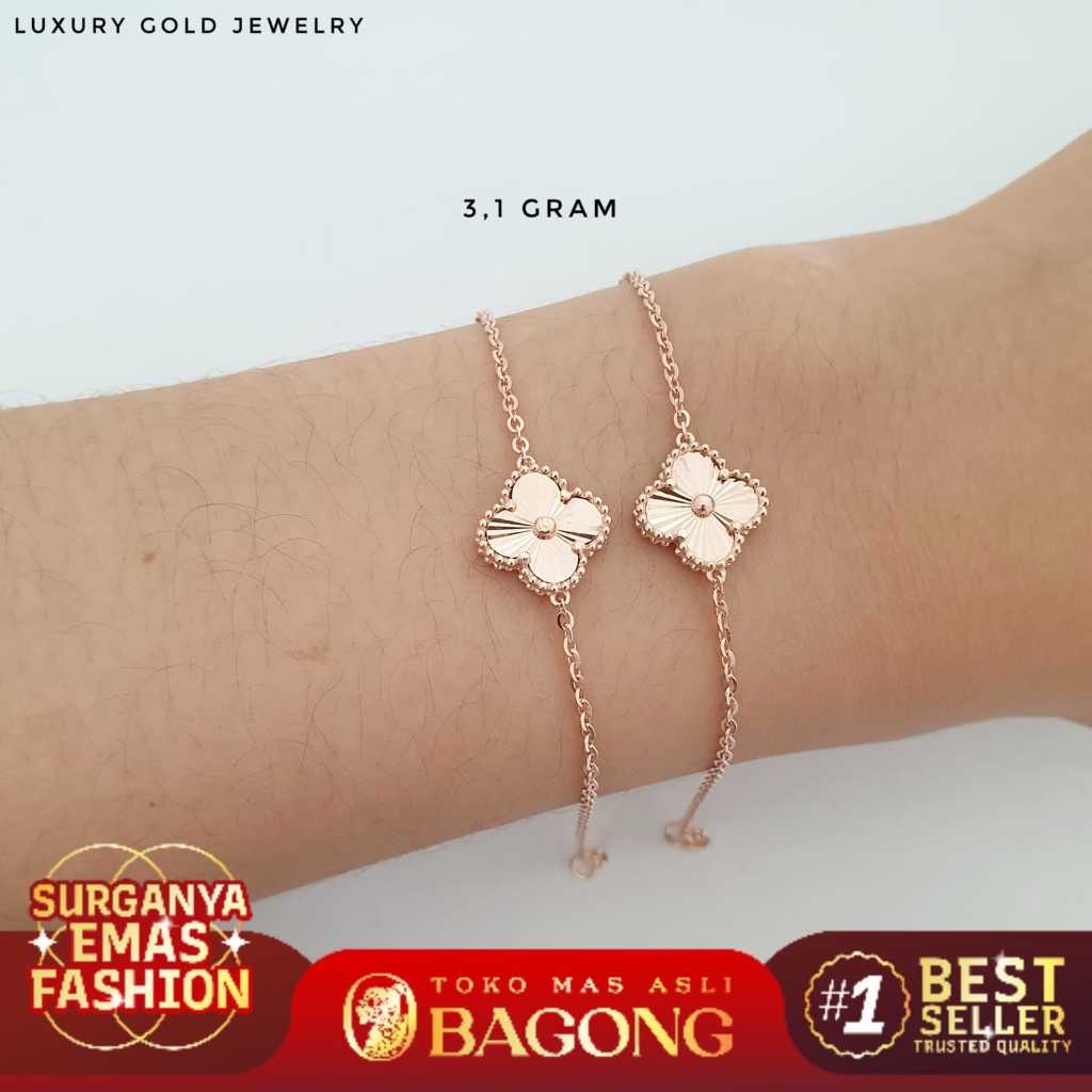 GELANG FASHION KOREAN CLOVER ALHAMBRA SERUT ROSEGOLD 17K/750 - ASLI BAGONG GOLD BAGONG EMAS
