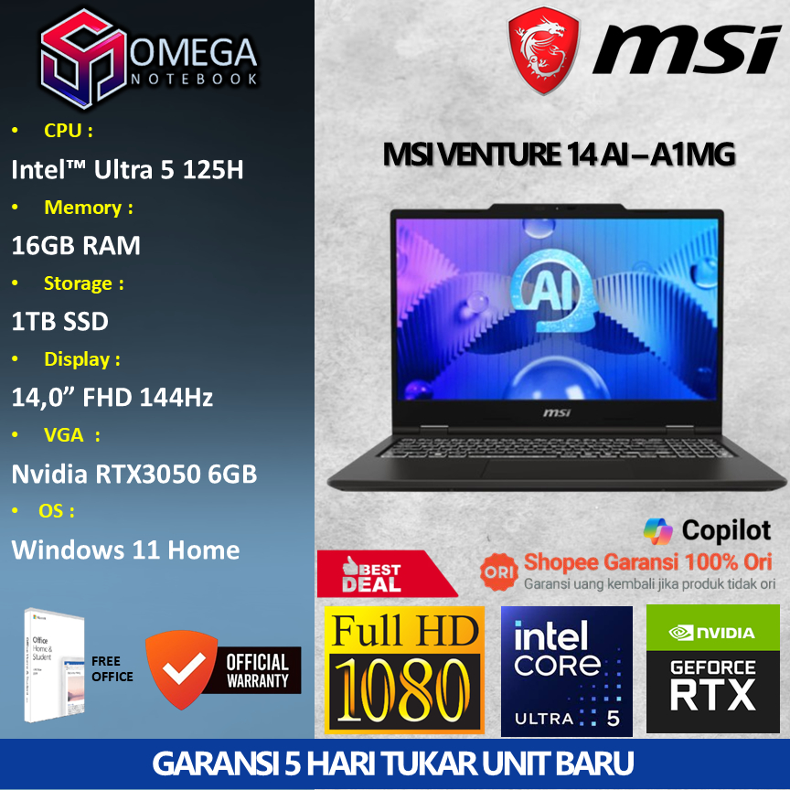 MSI Venture Pro 15 Ai A1UDXG Ultra 5 125H 16GB 1TB RTX3050 6GB 15,6 FHD Windows 11 + Office
