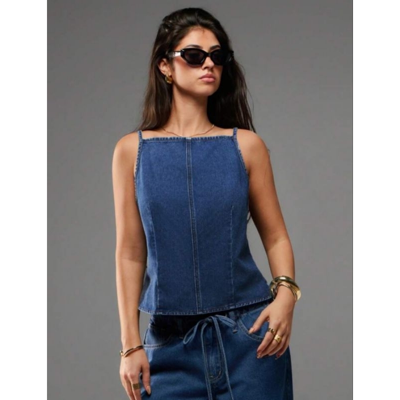 FYF_A1050 - Lace Up Backless Jeans Top