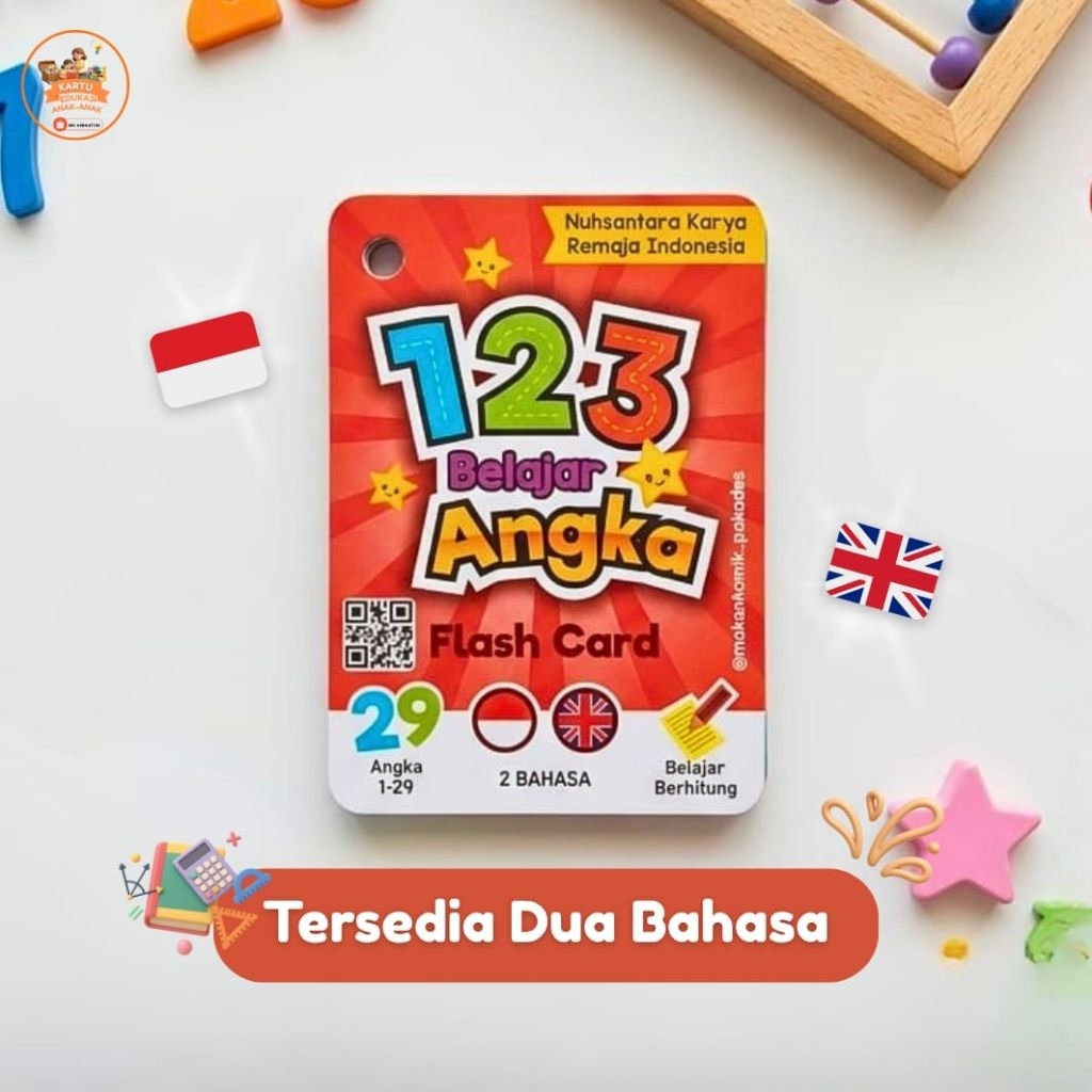 Flash Card Belajar Angka & Berhitung 2 Bahasa (Indo-Inggris) - Kartu Edukasi Anak PAUD TK - Kartu Be